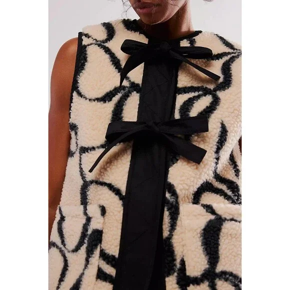 Free People Damson Madder UK 10 US 6 Marta Borg Gilet Bow Vest Teddy Black New - Picture 6 of 16